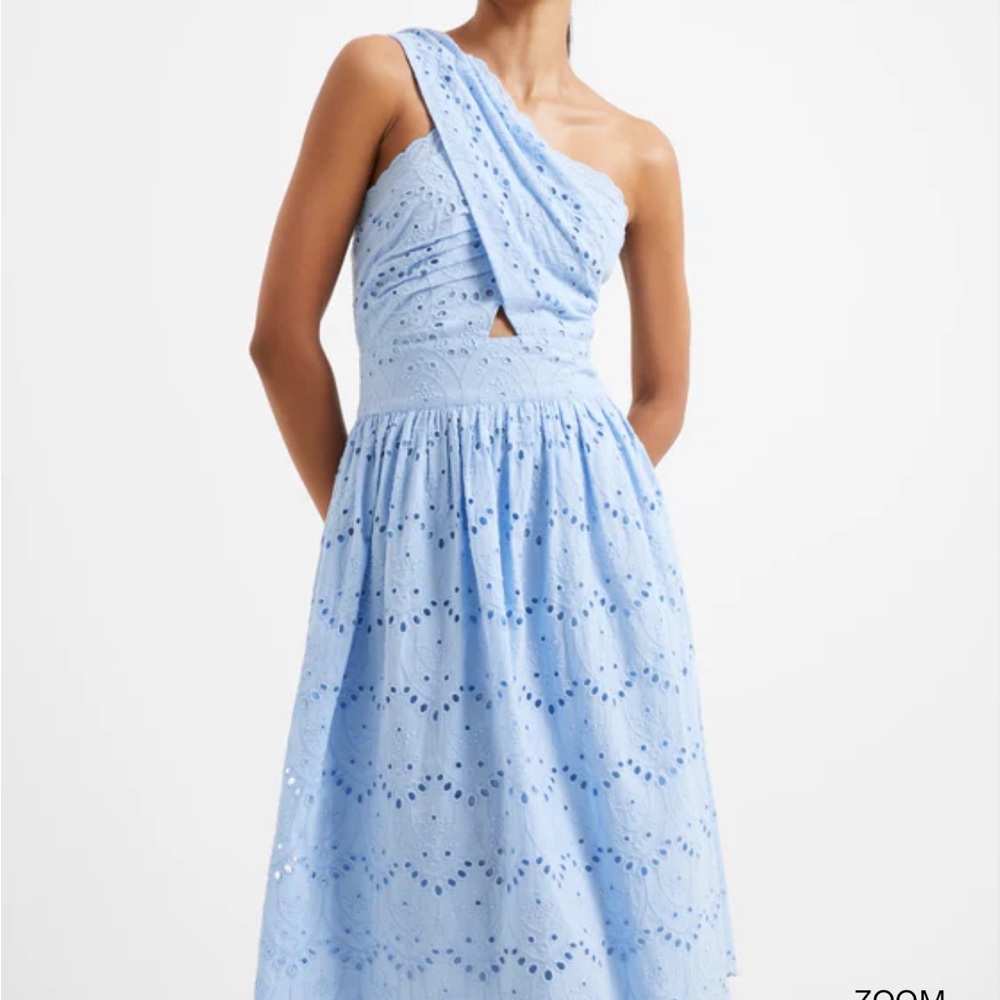 French Connection Light Blue One-Shoulder Eyelet Midi Dress